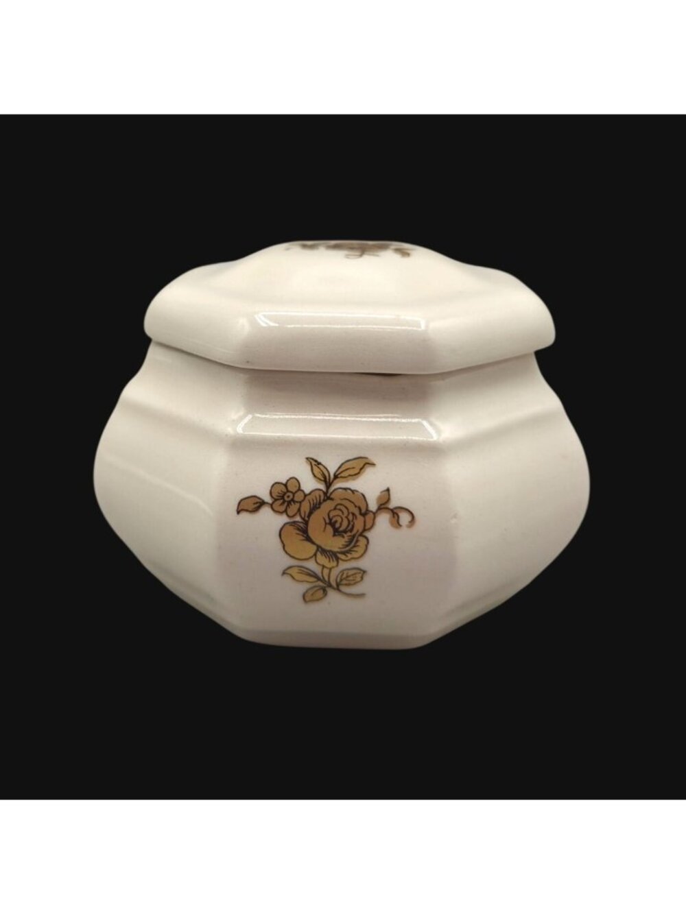 Vintage Octagonal Ceramic Trinket Box Lid Gold Flowers Signed KS 79 2.5 Inch
